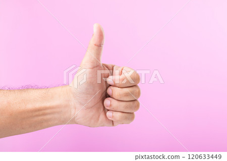 A hand displays various gestures, including a fist, open palm, and raised fingers, against a pink background. A visual exploration of communication through hand symbols A hand displays various gestures, including a fist, open palm, and raised fingers, against a pink background. A visual exploration of communication through hand symbols 120633449