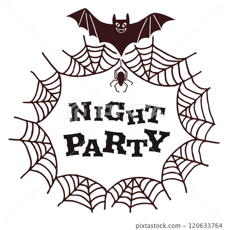 Night party logo. Spooky web and bat emblem Night party logo. Spooky web and bat emblem 120633764