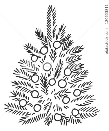 Christmas tree doodle. Decorated holiday pine drawing Christmas tree doodle. Decorated holiday pine drawing 120633811
