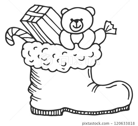 Christmas boot with gifts. Traditional holiday decoration doodle 120633818