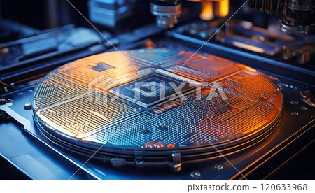 3DCG illustration of a wafer being etched in a semiconductor manufacturing factory 3DCG illustration of a wafer being etched in a semiconductor manufacturing factory 120633968