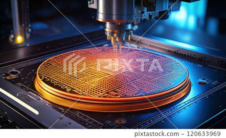 3DCG illustration of a wafer being etched in a semiconductor manufacturing factory 3DCG illustration of a wafer being etched in a semiconductor manufacturing factory 120633969