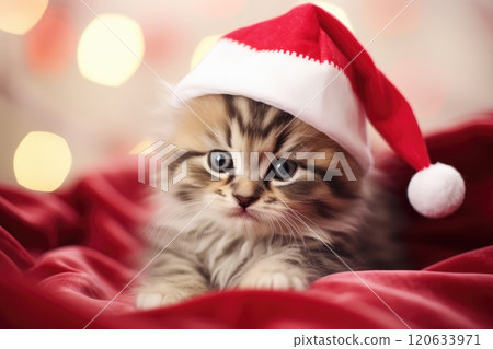 AI generated gray fluffy kitty in Santa Claus hat on red plaid with Christmas background. 120633971