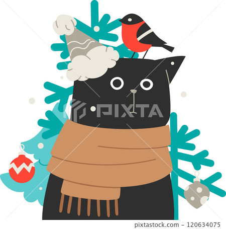 black cat in santa hat with bullfinch on its head black cat in santa hat with bullfinch on its head 120634075