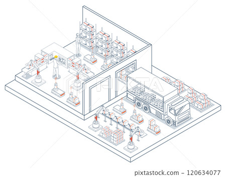 Smart warehouse logistics combines automated robots and systems to efficiently manage inventory flow and operations. Vector illustration EPS 10 120634077