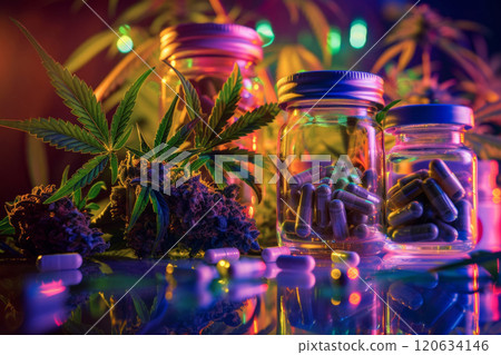 Colorful Cannabis Concept with Capsules and Leaves in Glass Jars 120634146