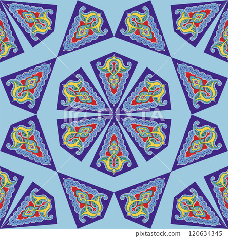 Geometric Seamless Pattern Arabesque. Decorative Asian Folk Seamless Pattern. Ethnic Ornament, Kyrgyz, Kazakhs, Bashkirs, Tatars, Yakut, Mongols Geometric Seamless Pattern Arabesque. Decorative Asian Folk Seamless Pattern. Ethnic Ornament, Kyrgyz, Kazakhs, Bashkirs, Tatars, Yakut, Mongols 120634345
