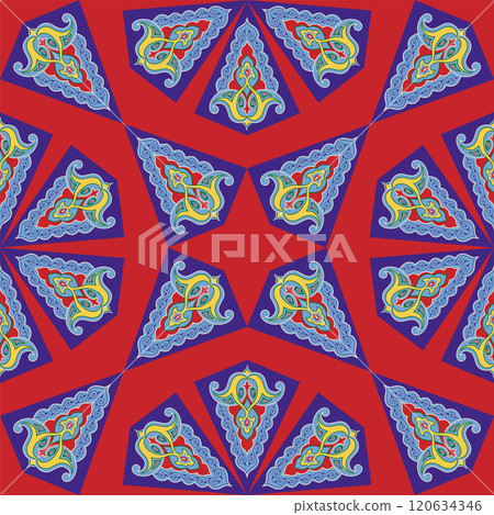 Geometric Seamless Pattern Arabesque. Decorative Asian Folk Seamless Pattern. Ethnic Ornament, Kyrgyz, Kazakhs, Bashkirs, Tatars, Yakut, Mongols Geometric Seamless Pattern Arabesque. Decorative Asian Folk Seamless Pattern. Ethnic Ornament, Kyrgyz, Kazakhs, Bashkirs, Tatars, Yakut, Mongols 120634346