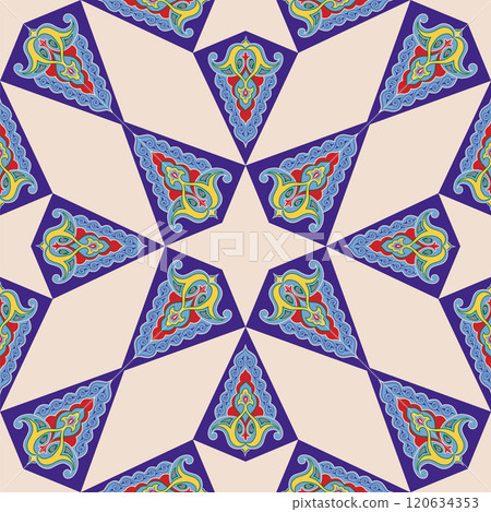 Geometric Seamless Pattern Arabesque. Decorative Asian Folk Seamless Pattern. Ethnic Ornament, Kyrgyz, Kazakhs, Bashkirs, Tatars, Yakut, Mongols 120634353