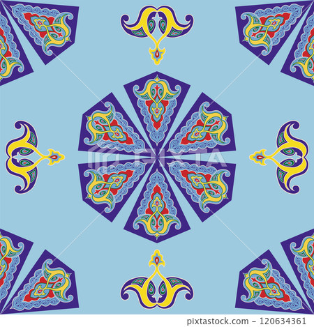 Geometric Seamless Pattern Arabesque. Decorative Asian Folk Seamless Pattern. Ethnic Ornament, Kyrgyz, Kazakhs, Bashkirs, Tatars, Yakut, Mongols 120634361