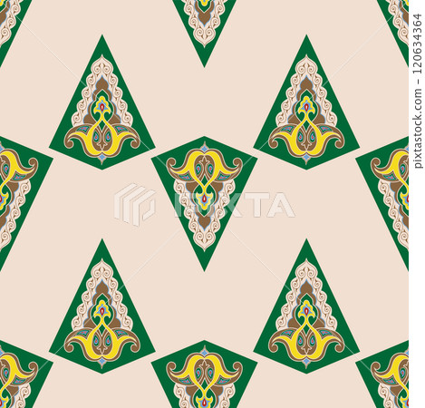 Geometric Seamless Pattern Arabesque. Decorative Asian Folk Seamless Pattern. Ethnic Ornament, Kyrgyz, Kazakhs, Bashkirs, Tatars, Yakut, Mongols 120634364