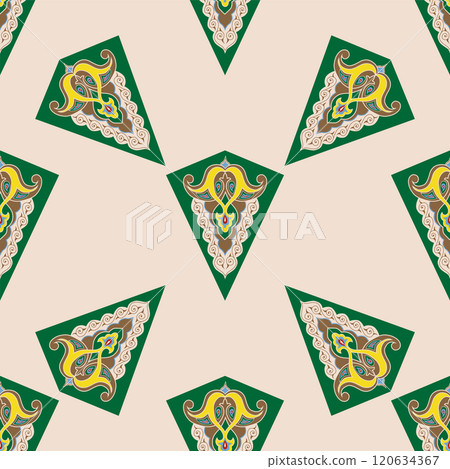 Geometric Seamless Pattern Arabesque. Decorative Asian Folk Seamless Pattern. Ethnic Ornament, Kyrgyz, Kazakhs, Bashkirs, Tatars, Yakut, Mongols 120634367