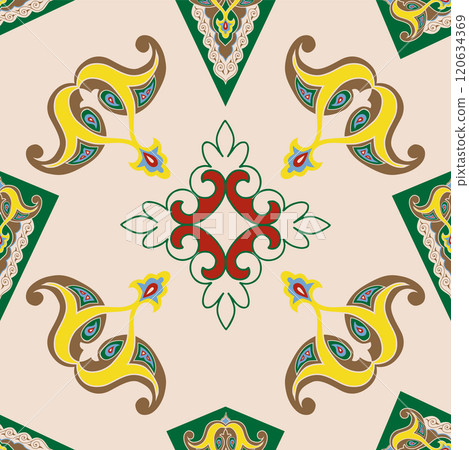 Geometric Seamless Pattern Arabesque. Decorative Asian Folk Seamless Pattern. Ethnic Ornament, Kyrgyz, Kazakhs, Bashkirs, Tatars, Yakut, Mongols 120634369