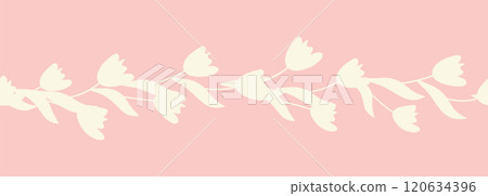 Decorative seamless vintage pattern in classic style with flowers and branches. Silhouettes of flowers, Two-color horizontal ornament in pastel colors, border Decorative seamless vintage pattern in classic style with flowers and branches. Silhouettes of flowers, Two-color horizontal ornament in pastel colors, border 120634396