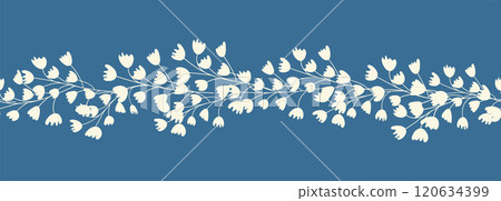 Decorative seamless vintage pattern in classic style with flowers and branches. Silhouettes of flowers, Two-color horizontal ornament in pastel colors, border 120634399