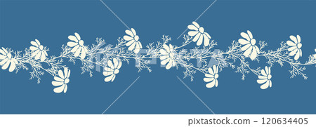 Decorative seamless vintage pattern in classic style with flowers and branches. Silhouettes of flowers, Two-color horizontal ornament in pastel colors, border 120634405