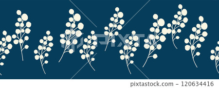 Decorative seamless vintage pattern in classic style with flowers and branches. Silhouettes of flowers, Two-color horizontal ornament in pastel colors, border Decorative seamless vintage pattern in classic style with flowers and branches. Silhouettes of flowers, Two-color horizontal ornament in pastel colors, border 120634416