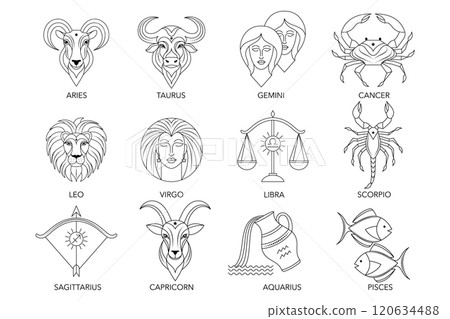 Collection of zodiac signs in line art style. 120634488