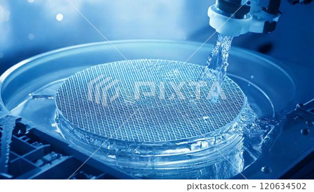 3DCG illustration of an image of a wafer being cleaned in a semiconductor manufacturing factory 120634502