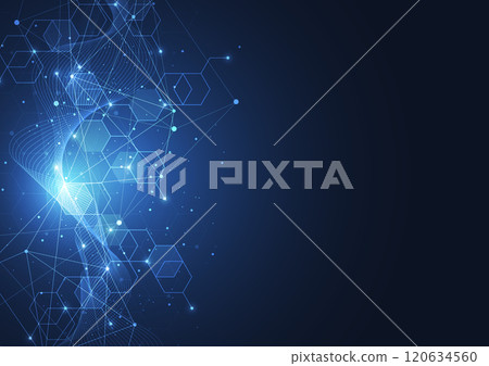 Abstract network technology communication blue hexagons background. Connection concept with mesh dots and lines innovation. Vector illustration Abstract network technology communication blue hexagons background. Connection concept with mesh dots and lines innovation. Vector illustration 120634560