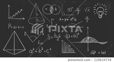 Math geometry graph and shapes on blackboard background. Set science doodle hand drawn sketch elements. Study theory formula, calculations. 120634734