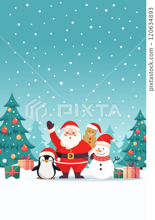 Poster of Santa claus with snowman gingerbread man and penguin in snow field. Cute cartoon. Vector illustration 120634893