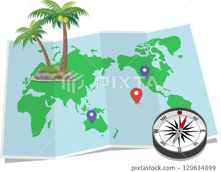 帶有指南針和棕櫚的摺痕世界地圖 120634899