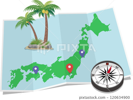 日本的摺痕地圖有指南針和棕櫚的 120634900