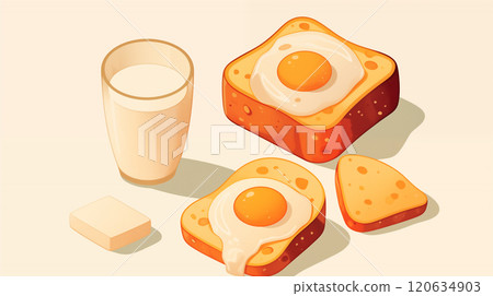 卡通营养的早餐面包鸡蛋牛奶插画 120634903