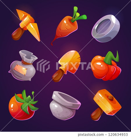 Farm game icon with vegetable. Ui food and bag 120634933