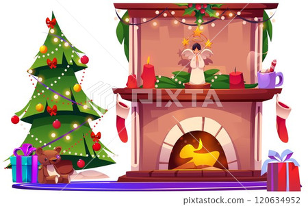 Festive Christmas home interior with fireplace 120634952