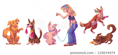 Cartoon pets displaying different behavior. 120634974