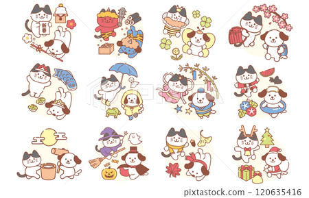 12 months dog and cat illustration set 120635416