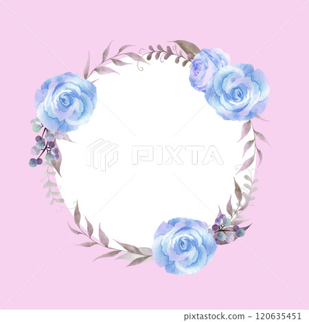 背景水彩畫的藍玫瑰圓形框架 120635451