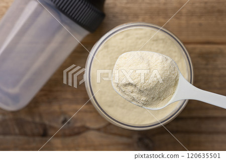 用量匙從儲存槽中舀出蛋白粉的俯視圖 120635501