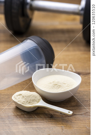 Protein, measuring spoon, shaker and dumbbells in preparation for muscle training 120635510