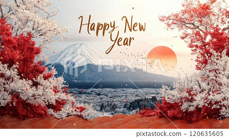 New Year celebration with Mt. Fuji and snow scene 120635605