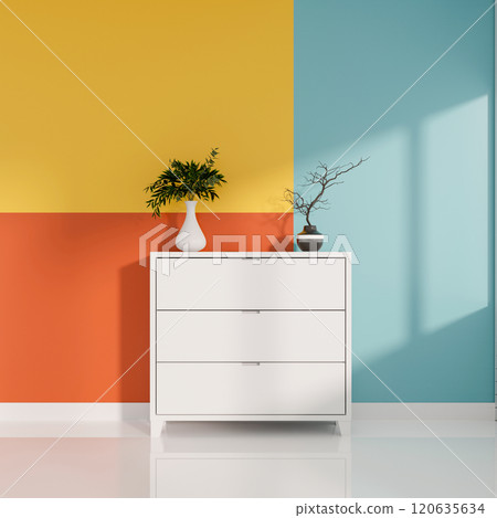 A trendy colorful room features a minimal white drawer, decorative plants, and a white tiled floor. 120635634