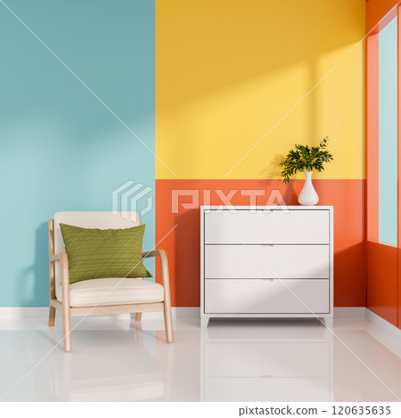 A trendy, colorful room features a minimal white drawer, a decorative plant, and an armchair. A trendy, colorful room features a minimal white drawer, a decorative plant, and an armchair. 120635635