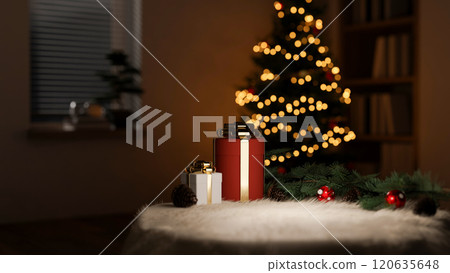 Christmas gift boxes placed on a fluffy white carpet in a cozy room at night with a Christmas tree. 120635648