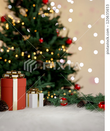 Beautiful Christmas background features Christmas present boxes and a shining Christmas tree. Beautiful Christmas background features Christmas present boxes and a shining Christmas tree. 120635653