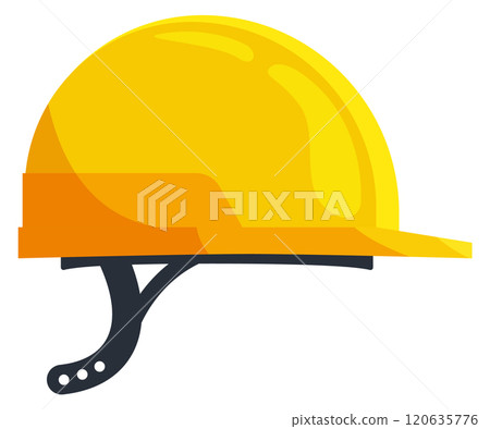 A yellow hard hat with a black strap 120635776