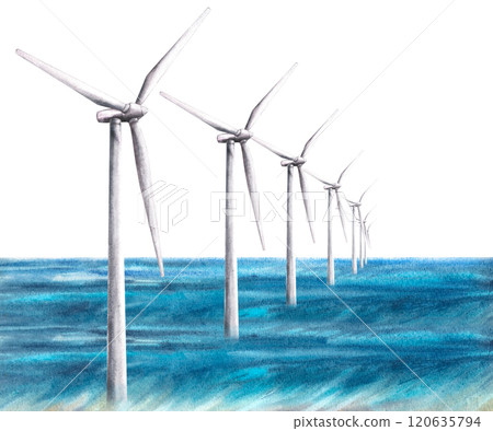 Offshore wind farm on ocean. Wind turbine park at the sea. Windmills power. Watercolor hand drawn illustration. Eco concept. Green energy production card, poster print Clipart isolated from background Offshore wind farm on ocean. Wind turbine park at the sea. Windmills power. Watercolor hand drawn illustration. Eco concept. Green energy production card, poster print Clipart isolated from background 120635794