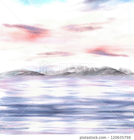 Nautical watercolor landscape. Adriatic seascape with sunset or sunrise sky, mountain silhouettes, reflection at sea. Hand drawn illustration isolated from background. For holiday cards, poster print. Nautical watercolor landscape. Adriatic seascape with sunset or sunrise sky, mountain silhouettes, reflection at sea. Hand drawn illustration isolated from background. For holiday cards, poster print. 120635798