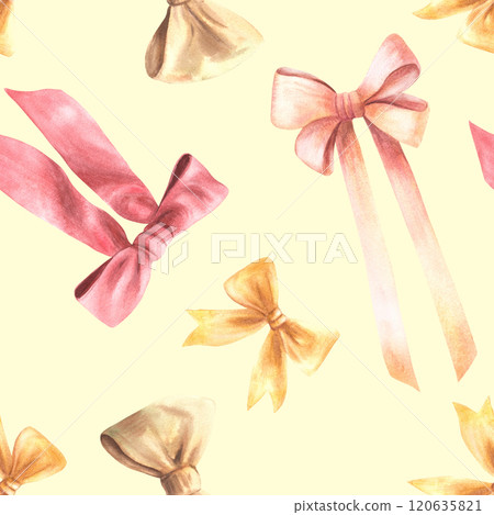 Ribbon and bow seamless pattern. Watercolor Hand drawn Illustration. Red, beige, pink gold pastel coloured clipart for coquette girl fabric, girl wallpaper, packing on isolated yellow background 120635821