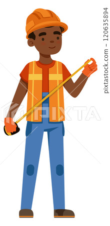 A man in a safety vest holding a tape measure 120635894