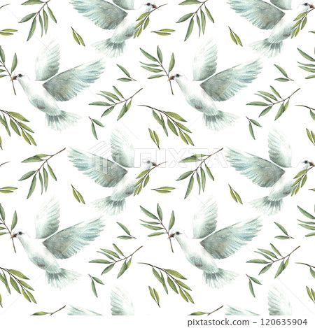 White dove with olive green branch. Watercolor seamless pattern. Flying pigeon bird, symbol of peace. Hand drawn illustration for wedding, Baptism, religious fabric design. Isolated white background White dove with olive green branch. Watercolor seamless pattern. Flying pigeon bird, symbol of peace. Hand drawn illustration for wedding, Baptism, religious fabric design. Isolated white background 120635904
