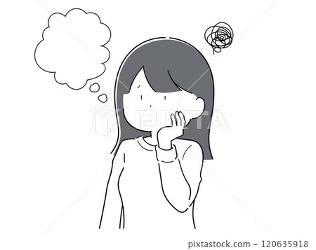 一個把手放在臉頰上感到焦慮的簡單女孩 一個把手放在臉頰上感到焦慮的簡單女孩 120635918