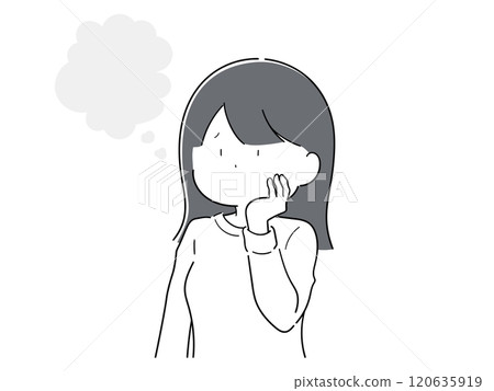 一個簡單的女孩把手放在臉頰上思考 120635919