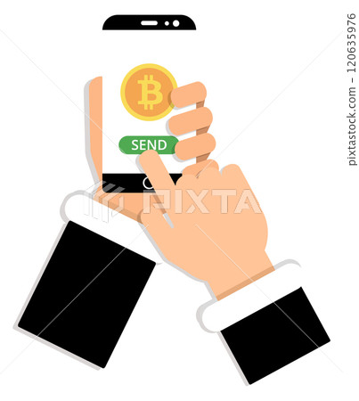 A hand is pointing to a phone screen with a Bitcoin symbol on it 120635976